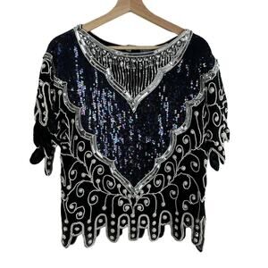 Vintage 80s Frank Usher Black Silk Heavily Sequin Beaded Blouse Evening Top M